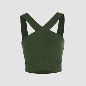 Cross-Strap Ribbed Crop Top - Olive Green